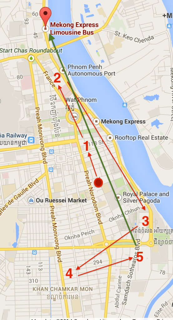 Avoid this insane Mekong Bus pickup route and just take a trike directly to the bus terminal.